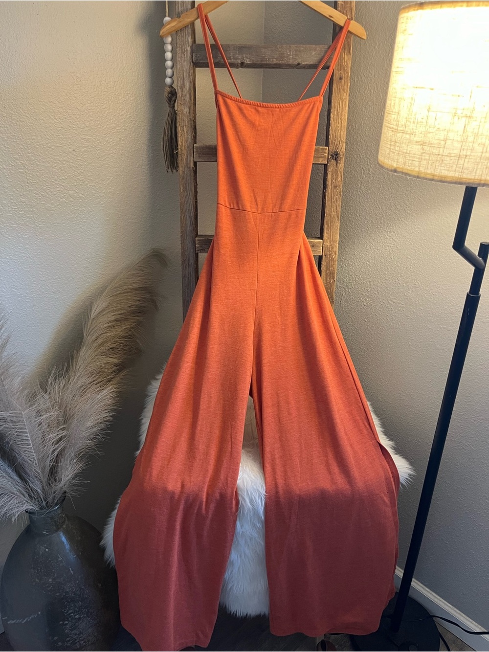 Women’s Orange Wide-Leg Jumpsuit with Spaghetti Straps